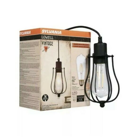Sylvania Pendant light Lowell Cage LED Dimmable NIB Black Uses 60 Watt Bulb NEW - Picture 1 of 6